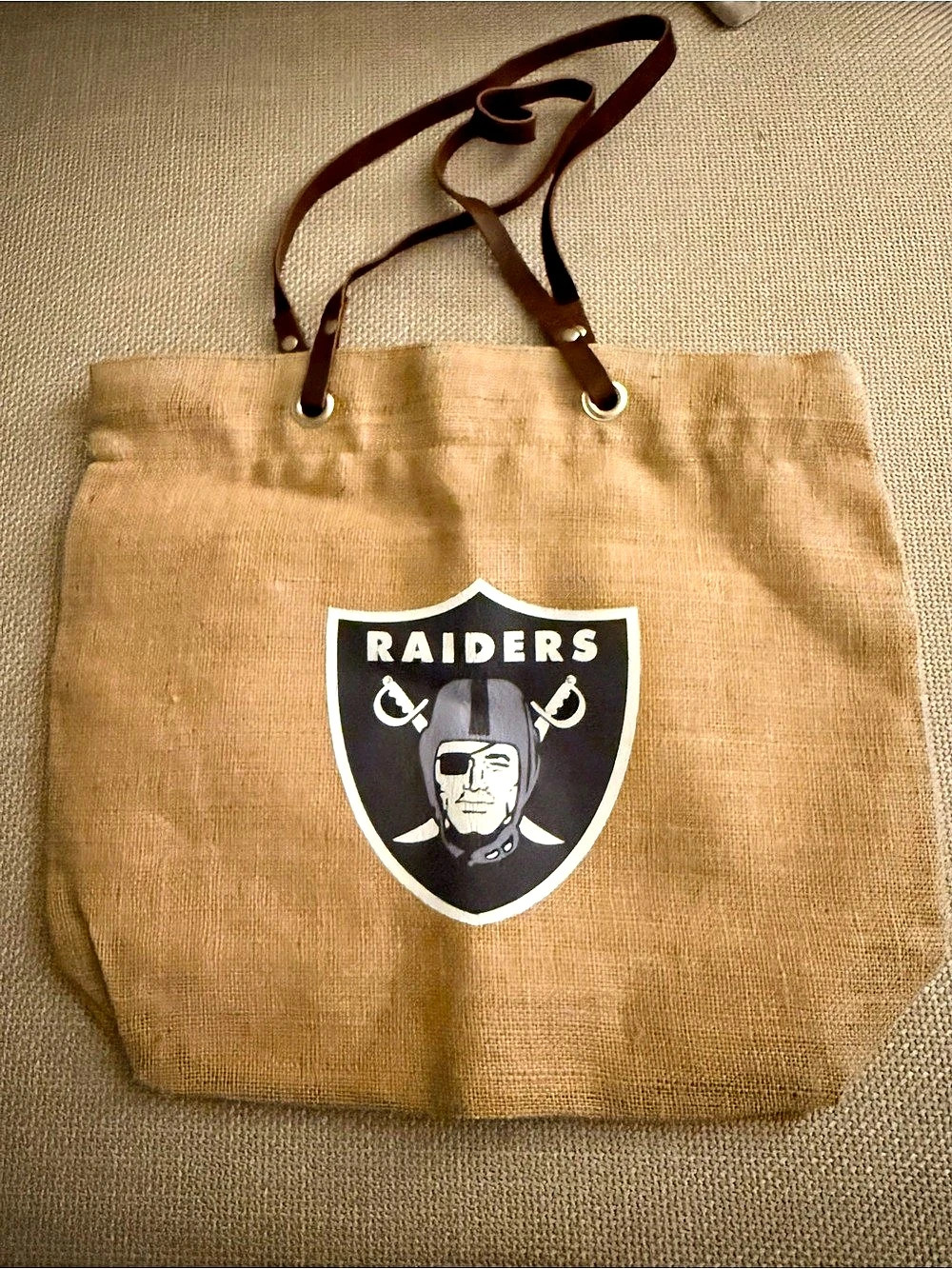 Raiders Graphic Brown Burlap Tote